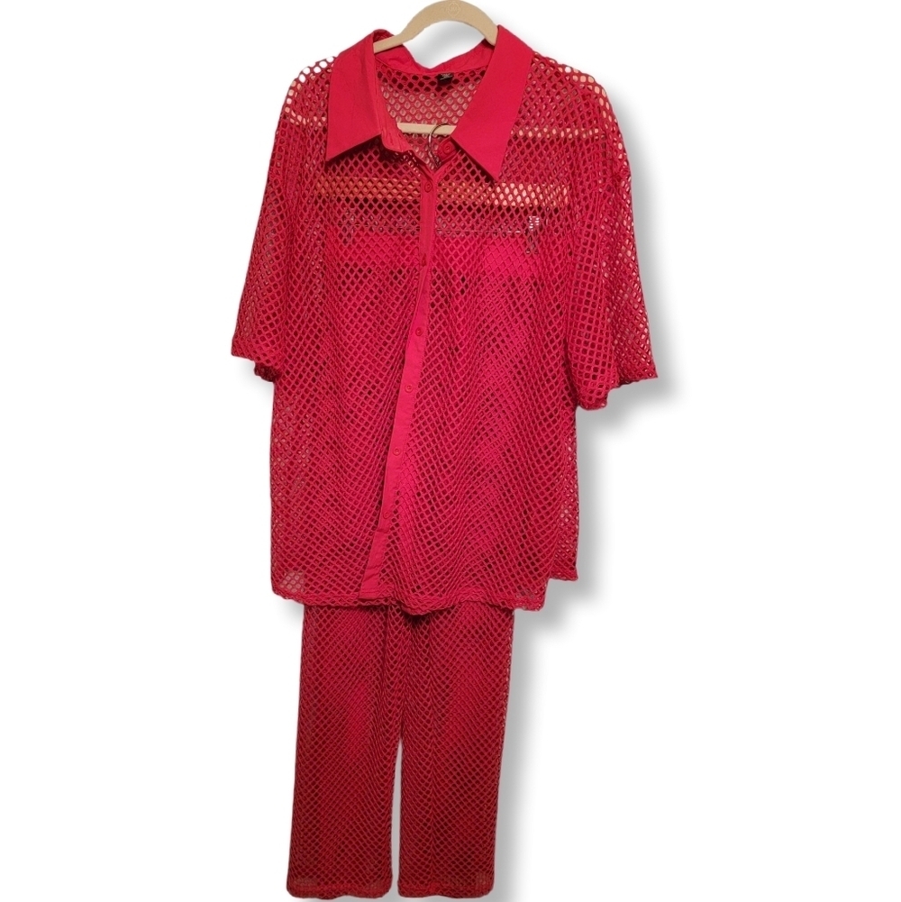 Neon Pink Mesh Two-piece Pant Shirt Set